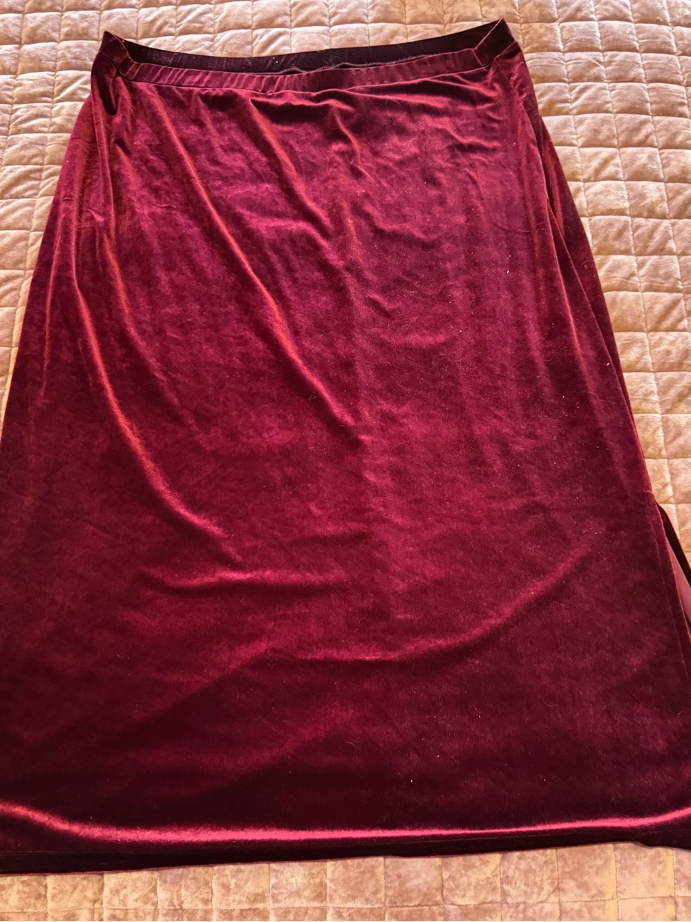 Impressions Burgundy Velvet Maxi Skirt 2X Elastic Waist Side Slit